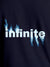 Close up of 'Infinite' design on Men's Navy Blue Round Neck T-shirt, highlighting intricate details and vibrant print.