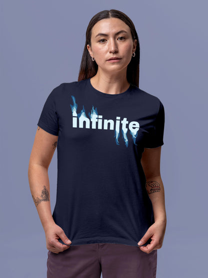 Model wearing Women's Navy Blue Round Neck T-shirt with 'Infinite' design, offering effortless style and premium comfort