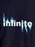 Close up of 'Infinite' design on Women's Navy Blue Round Neck T-shirt, highlighting intricate details and vibrant print.
