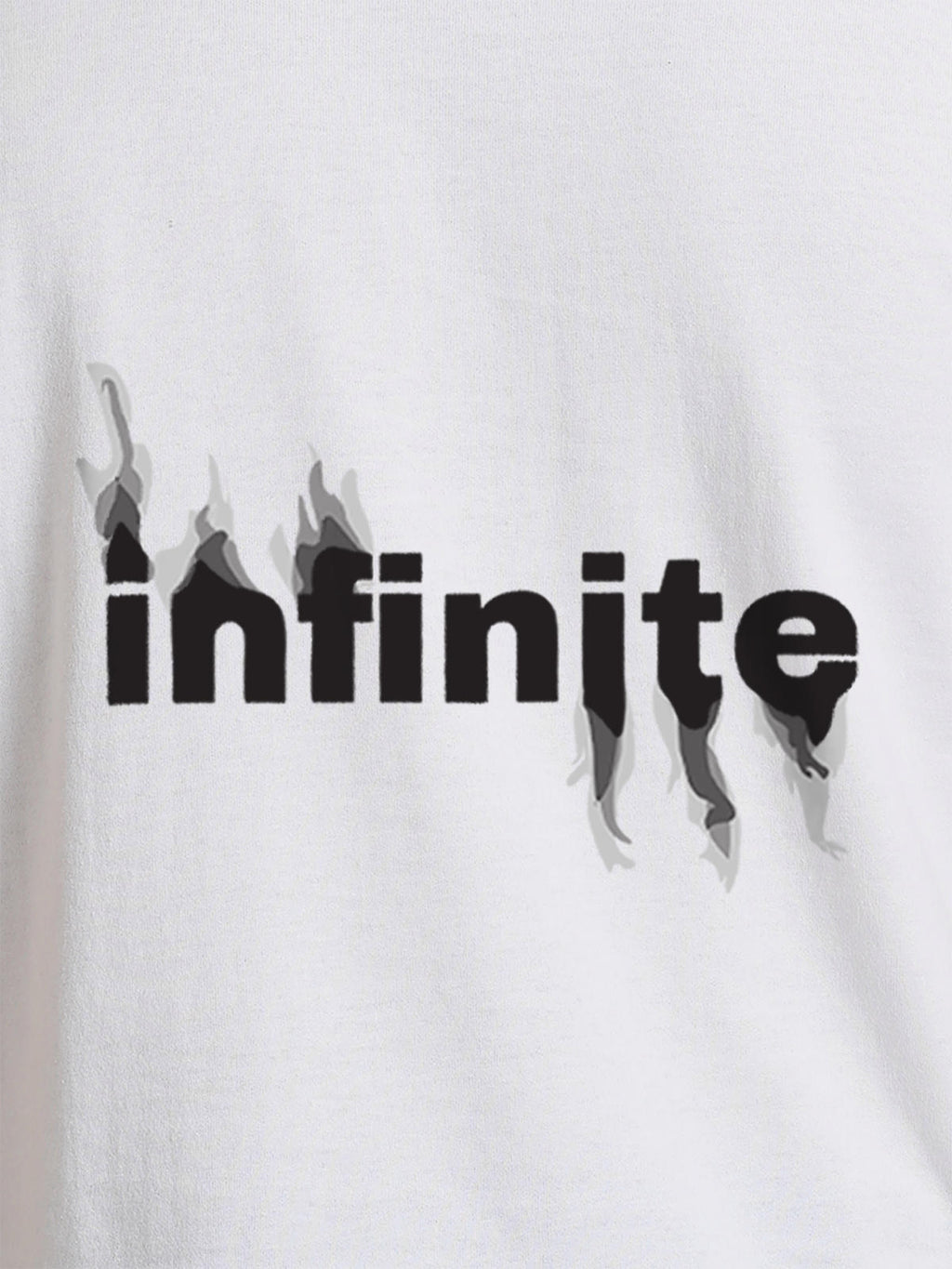 Close up of 'Infinite' design on Men's White Round Neck T-shirt, highlighting intricate details and vibrant print.