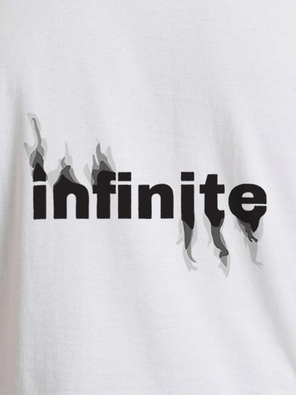 Close up of 'Infinite' design on Men's White Round Neck T-shirt, highlighting intricate details and vibrant print.