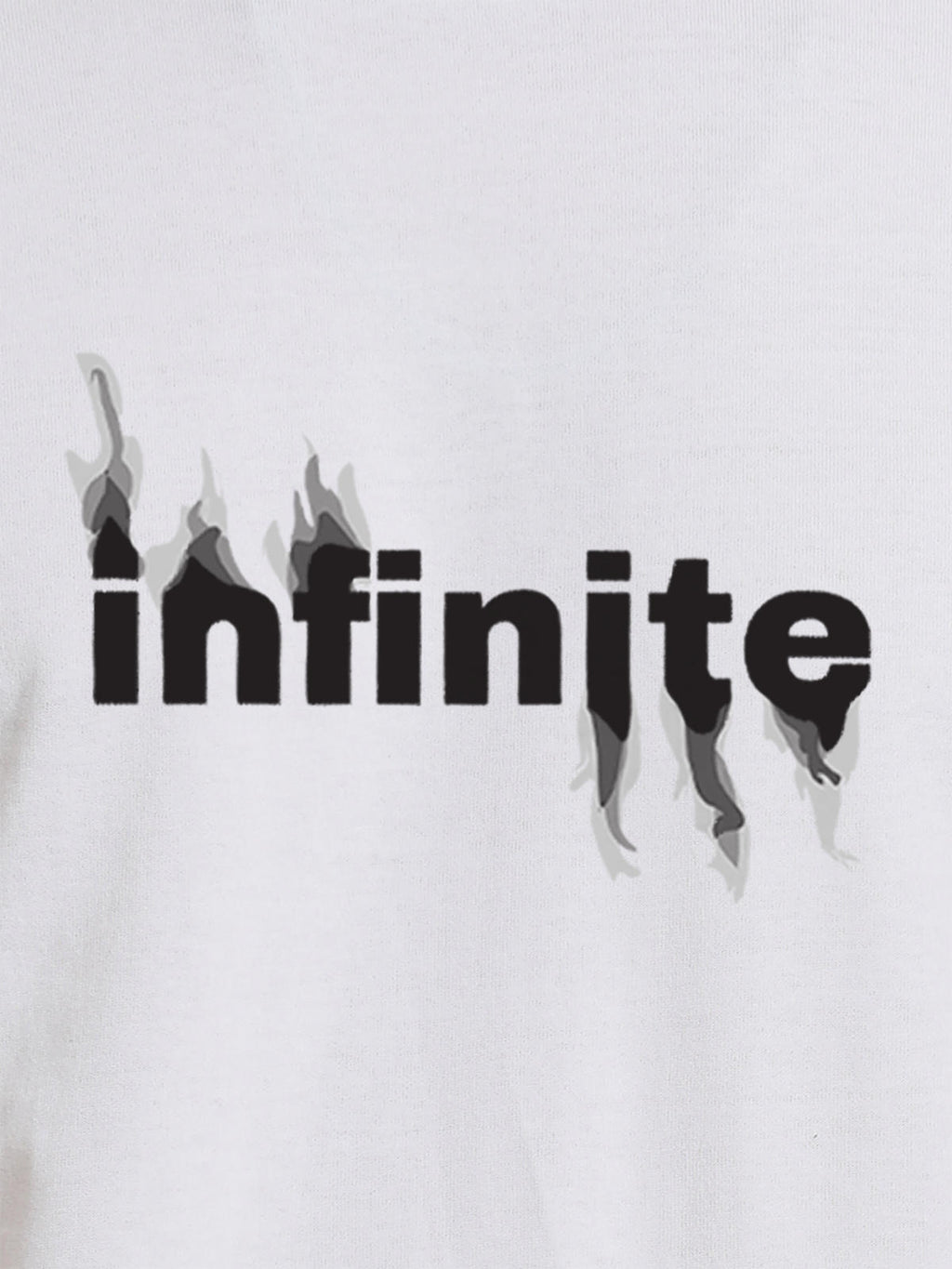 Close up of 'Infinite' design on Women's White Round Neck T-shirt, highlighting intricate details and vibrant print.