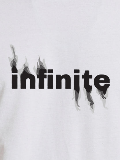 Close up of 'Infinite' design on Women's White Round Neck T-shirt, highlighting intricate details and vibrant print.