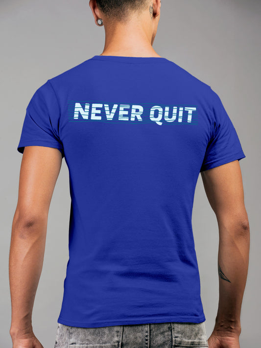 Model wearing Men's Blue Round Neck T-shirt with 'Never Quit' design, offering effortless style and premium comfort
