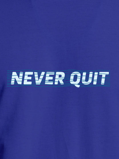 Close up of 'Never Quit' design on Men's Blue Round Neck T-shirt, highlighting intricate details and vibrant print.
