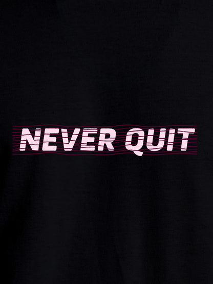Close up of 'Never Quit' design on Men's Black Round Neck T-shirt, highlighting intricate details and vibrant print.