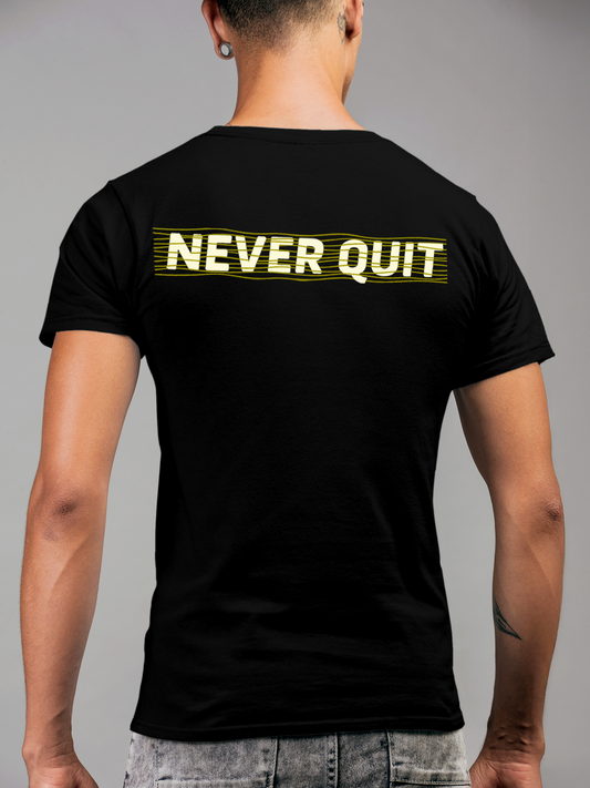 Fighterhero T-shirts: Model wearing Men's Black Round Neck T-shirt with 'Never Quit' design