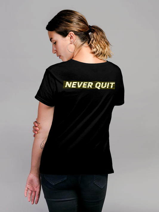 Fighterhero T-shirts: Model wearing Women's Black Round Neck T-shirt with 'Never Quit' design