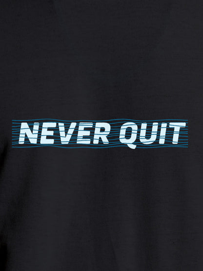 Close up of 'Never Quit' design on Men's Dark Grey Round Neck T-shirt, highlighting intricate details and vibrant print.