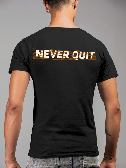 Fighterhero T-shirts: Model wearing Men's Charcoal Grey Round Neck T-shirt with 'Never Quit' design