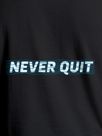 Close up of 'Never Quit' design on Women's Dark Grey Round Neck T-shirt, highlighting intricate details and vibrant print.