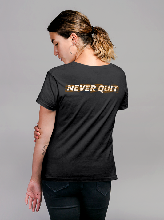 Fighterhero T-shirts: Model wearing Women's Charcoal Grey Round Neck T-shirt with 'Never Quit' design
