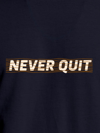 Close up of 'Never Quit' design on Men's Navy Blue Round Neck T-shirt, highlighting intricate details and vibrant print.