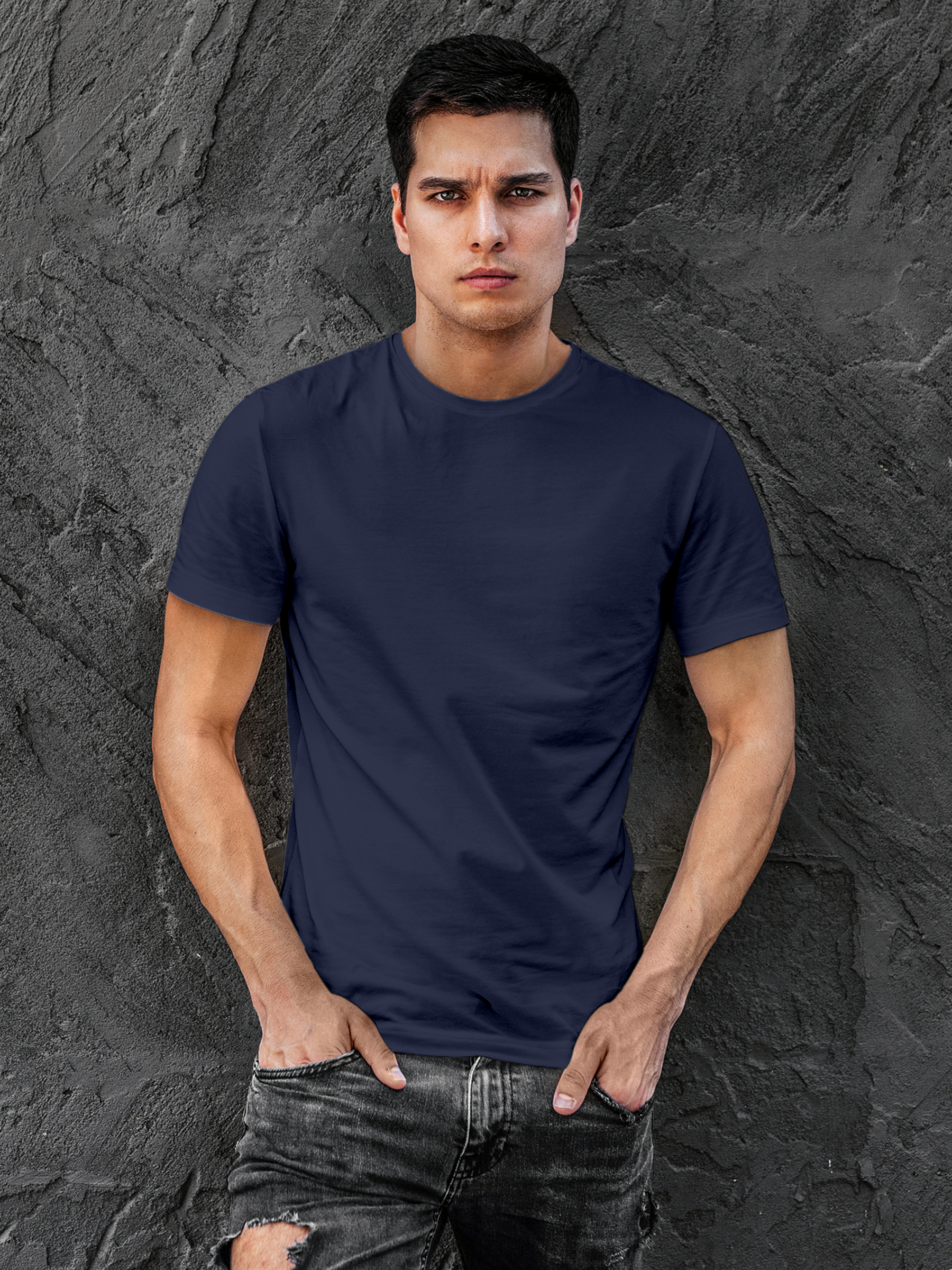Back view of Fighterhero Men's Navy Blue Round Neck T-shirt, highlighting the modern look and clean finish