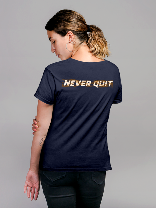 Fighterhero T-shirts: Model wearing Women's Navy Blue Round Neck T-shirt with 'Never Quit' design