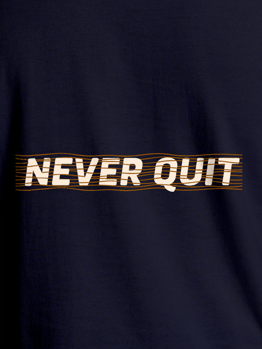 Close up of 'Never Quit' design on Women's Navy Blue Round Neck T-shirt, highlighting intricate details and vibrant print.