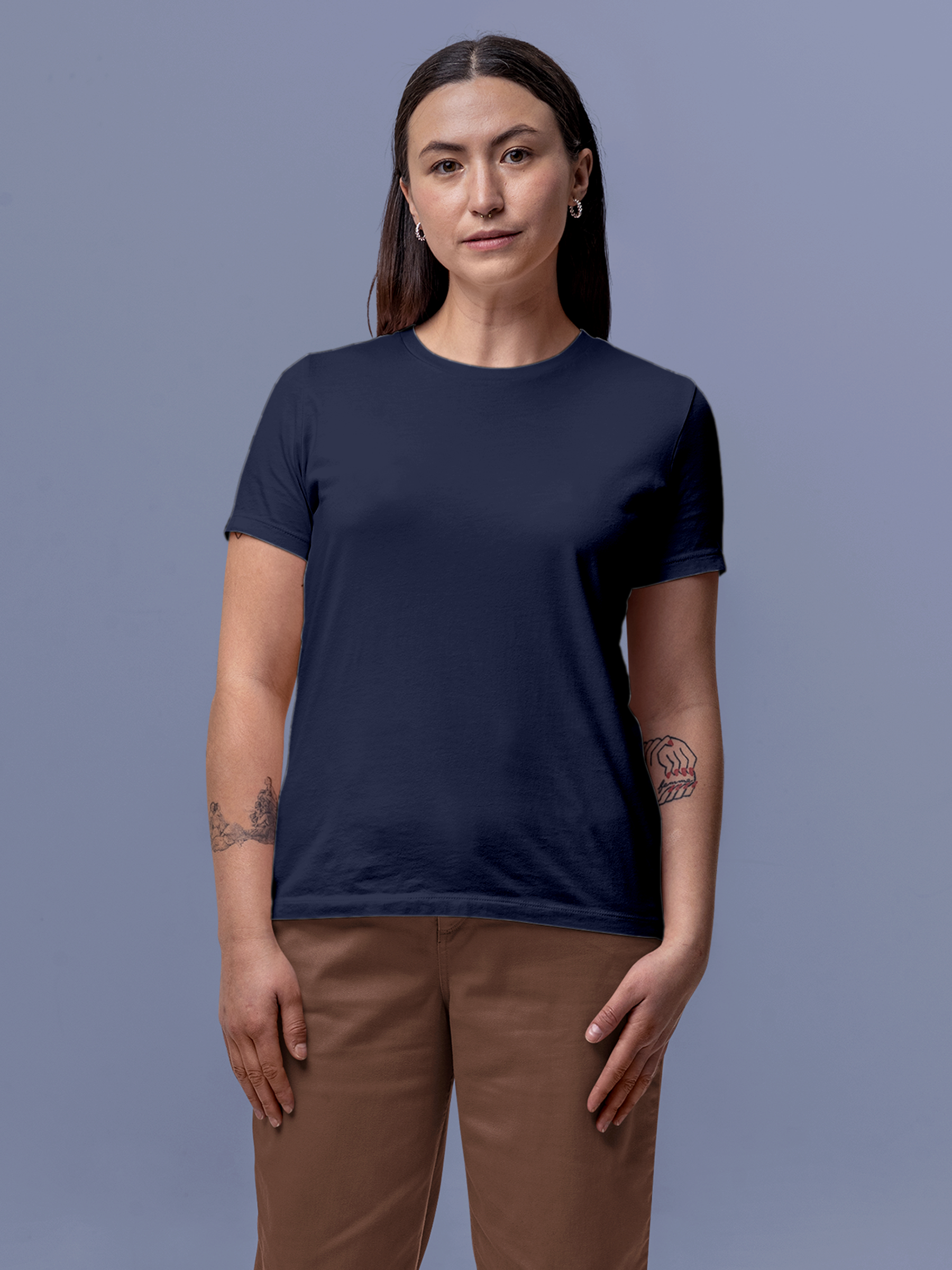 Back view of Fighterhero Women's Navy Blue Round Neck T-shirt, highlighting the modern look and clean finish