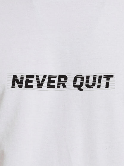 Close up of 'Never Quit' design on Men's White Round Neck T-shirt, highlighting intricate details and vibrant print.