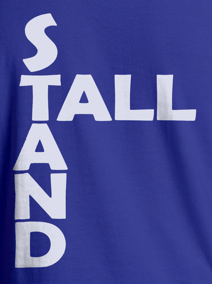 Close up of 'Stand Tall' design on Men's Blue Round Neck T-shirt, highlighting intricate details and vibrant print.