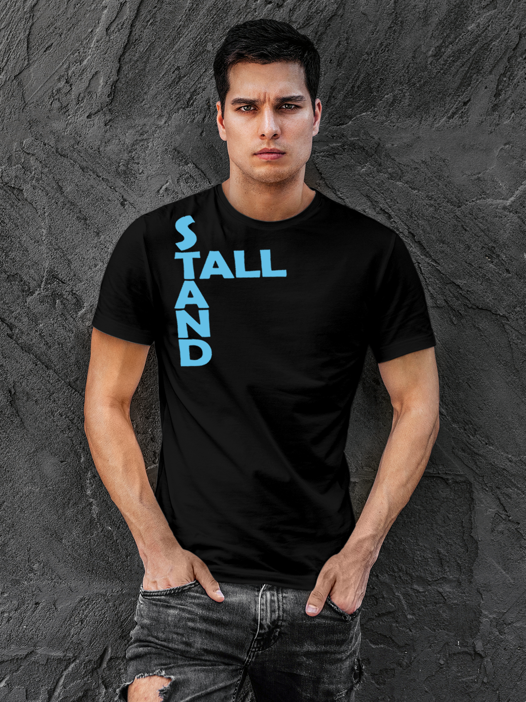 Fighterhero T-shirts: Model wearing Men's Black Round Neck T-shirt with 'Stand Tall' design
