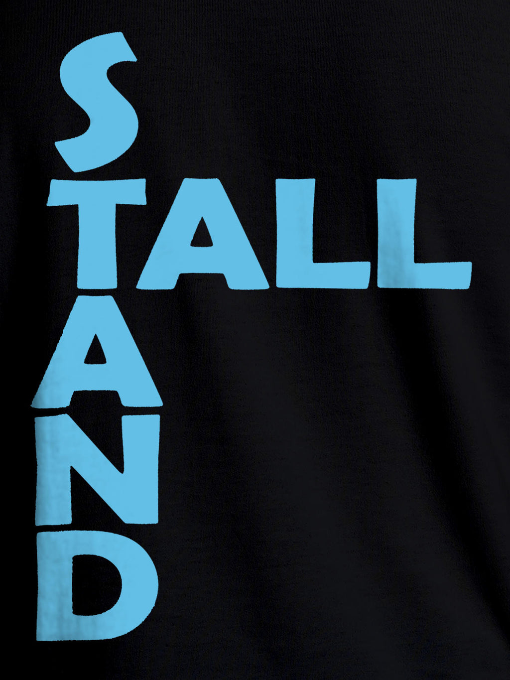 Close up of 'Stand Tall' design on Men's Black Round Neck T-shirt, highlighting intricate details and vibrant print.