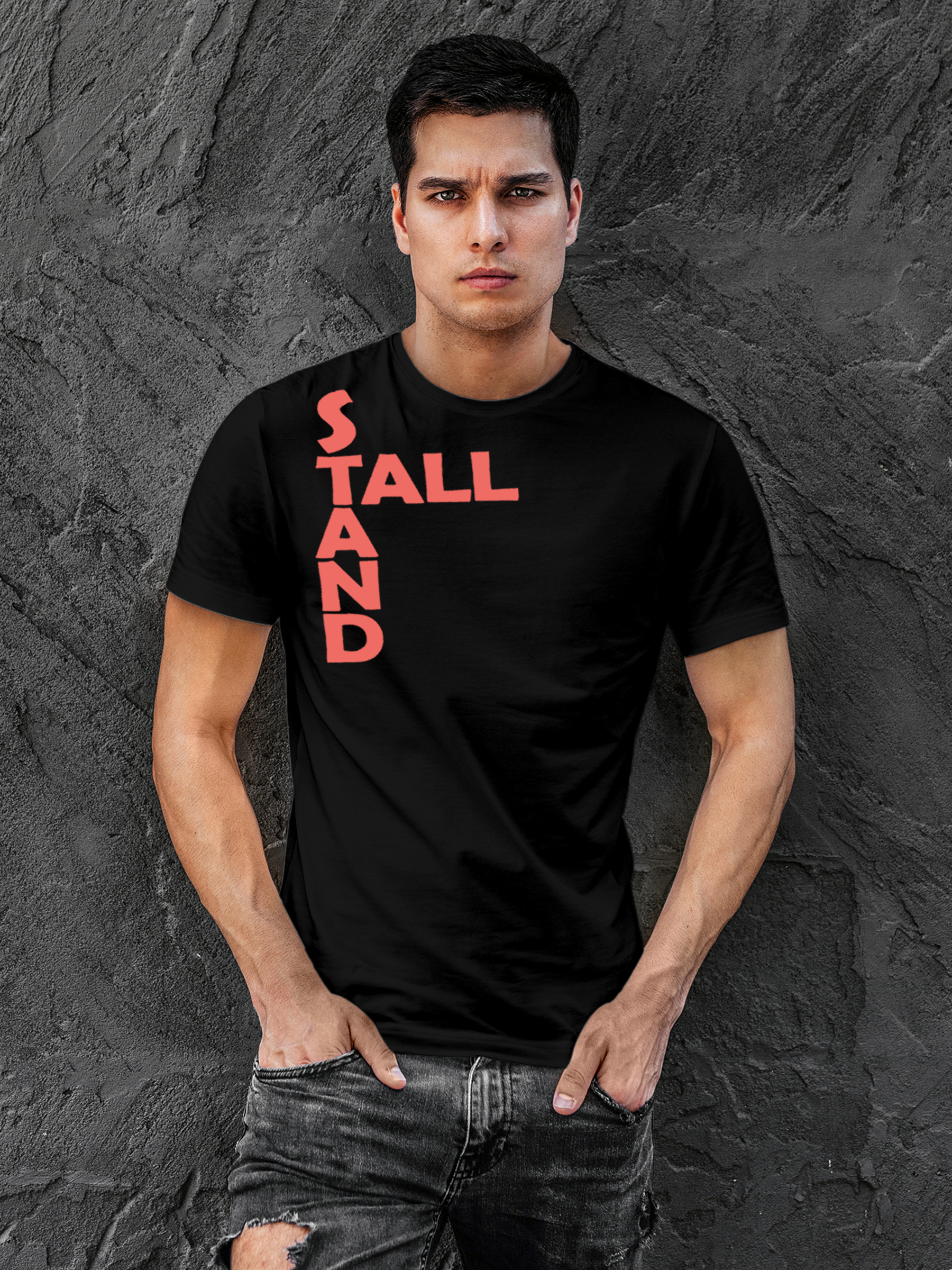 Model wearing Men's Black Round Neck T-shirt with 'Stand Tall' design, offering effortless style and premium comfort