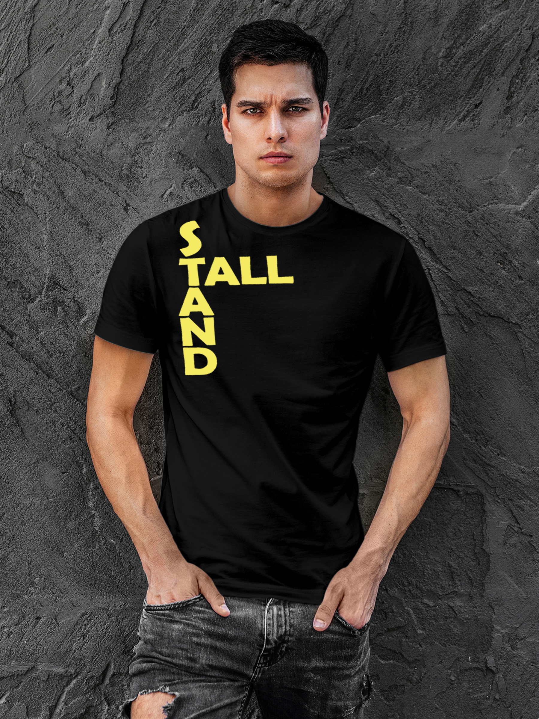 Model wearing Men's Black Round Neck T-shirt with 'Stand Tall' design, offering effortless style and premium comfort