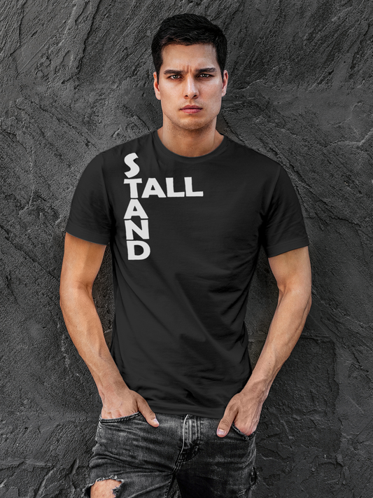 Fighterhero T-shirts: Model wearing Men's Dark Grey Round Neck T-shirt with 'Stand Tall' design
