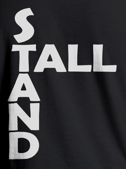 Close up of 'Stand Tall' design on Men's Dark Grey Round Neck T-shirt, highlighting intricate details and vibrant print.