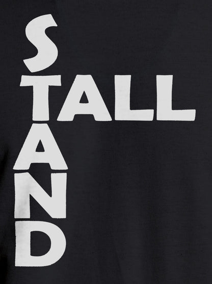 Close up of 'Stand Tall' design on Women's Dark Grey Round Neck T-shirt, highlighting intricate details and vibrant print.