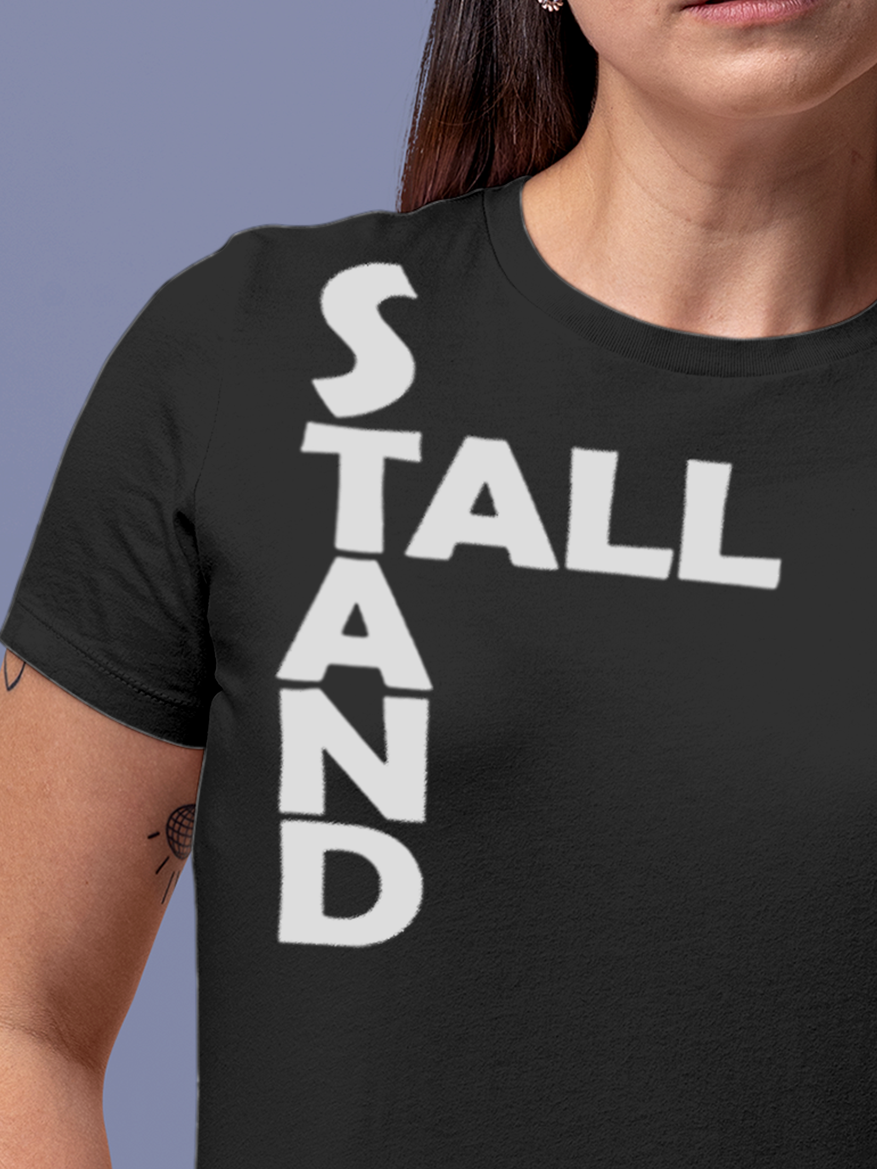 Close up of 'Stand Tall' design on Women's Dark Grey Round Neck T-shirt, highlighting intricate details and vibrant print.