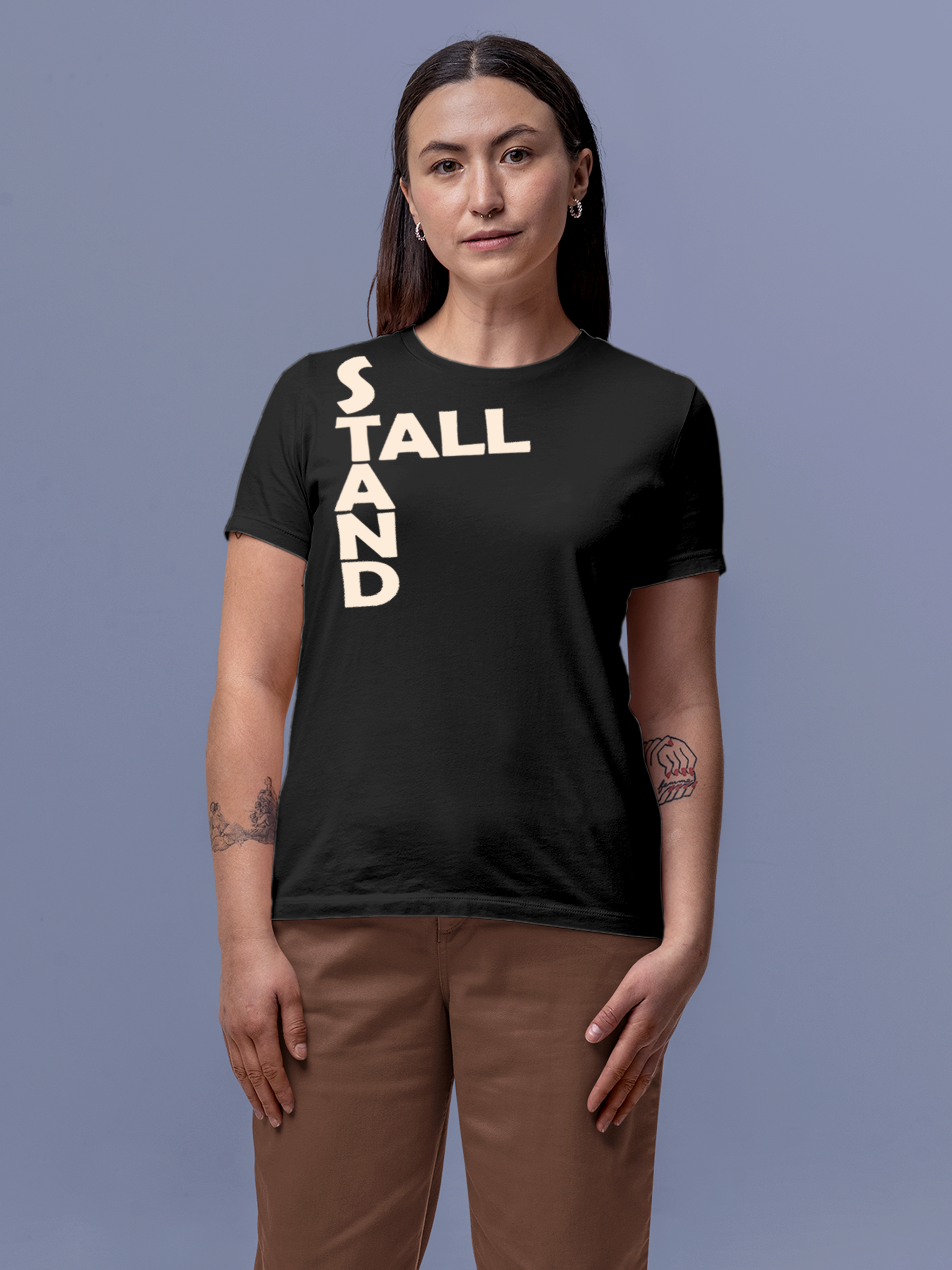 Model wearing Women's Dark Grey Round Neck T-shirt with 'Stand Tall' design, offering effortless style and premium comfort