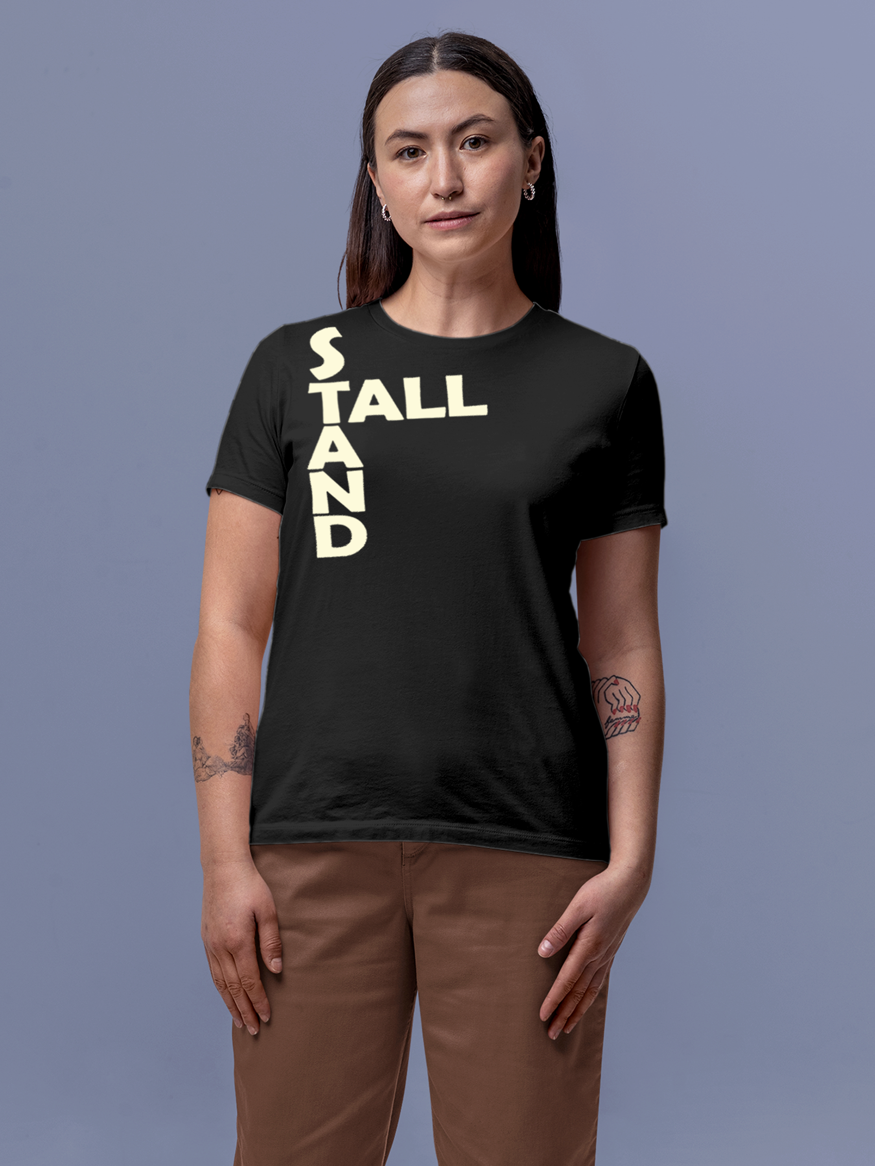 Model wearing Women's Dark Grey Round Neck T-shirt with 'Stand Tall' design, offering effortless style and premium comfort