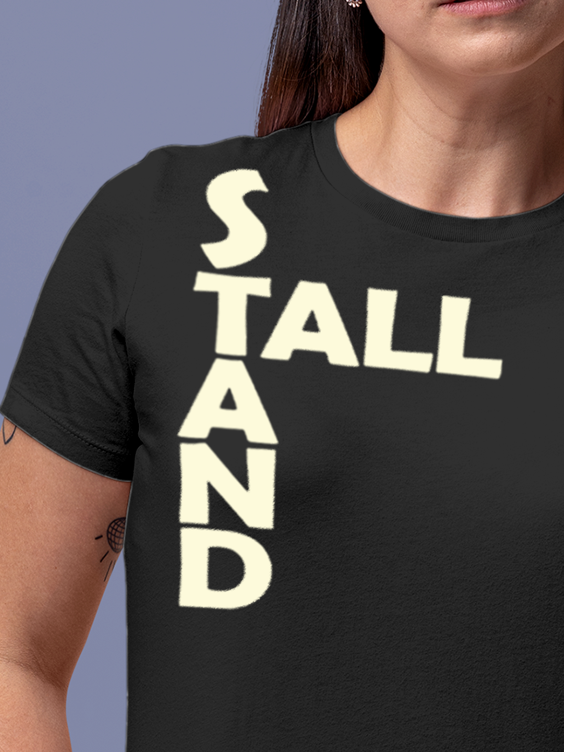 Close up of 'Stand Tall' design on Women's Dark Grey Round Neck T-shirt, highlighting intricate details and vibrant print.
