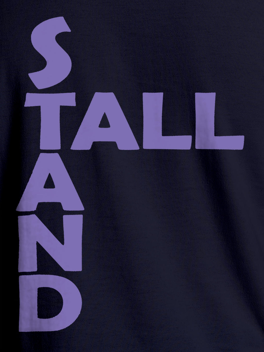 Close up of 'Stand Tall' design on Men's Navy Blue Round Neck T-shirt, highlighting intricate details and vibrant print.