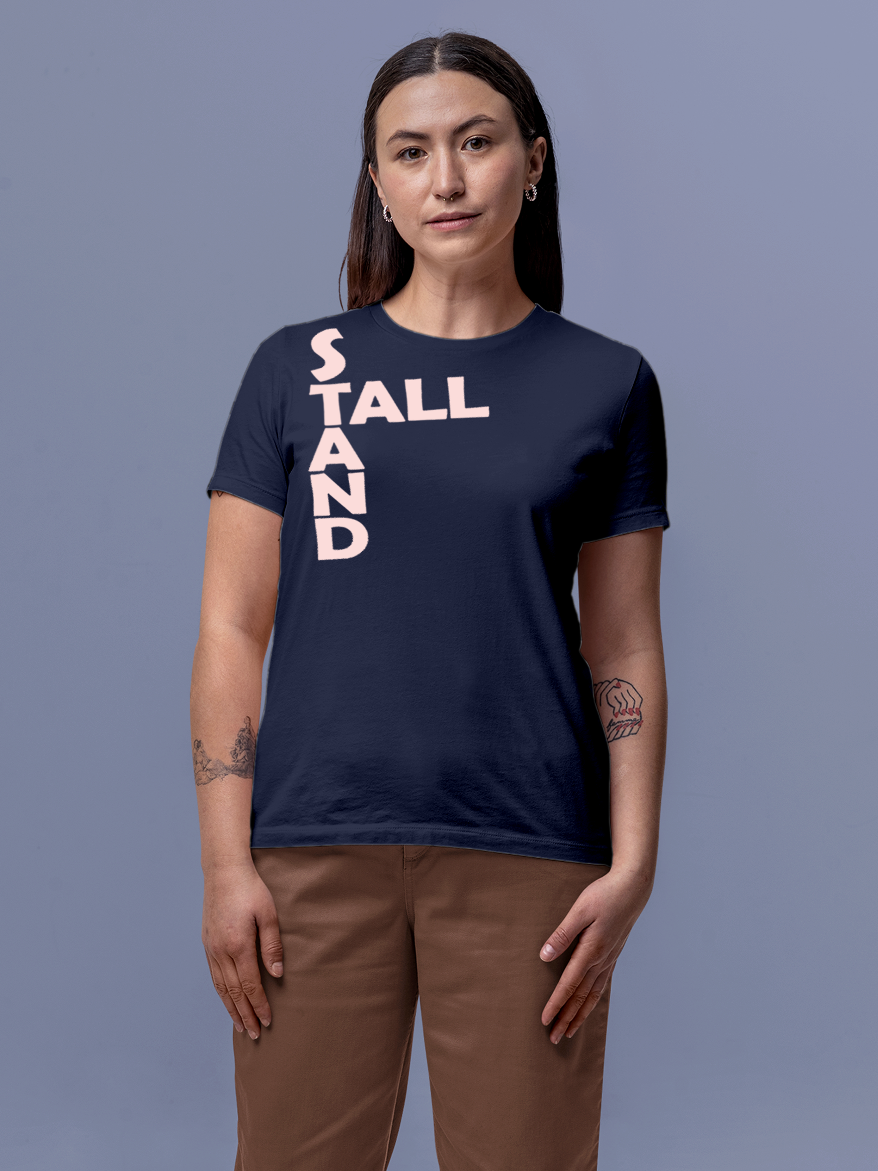 Model wearing Women's Navy Blue Round Neck T-shirt with 'Stand Tall' design, offering effortless style and premium comfort