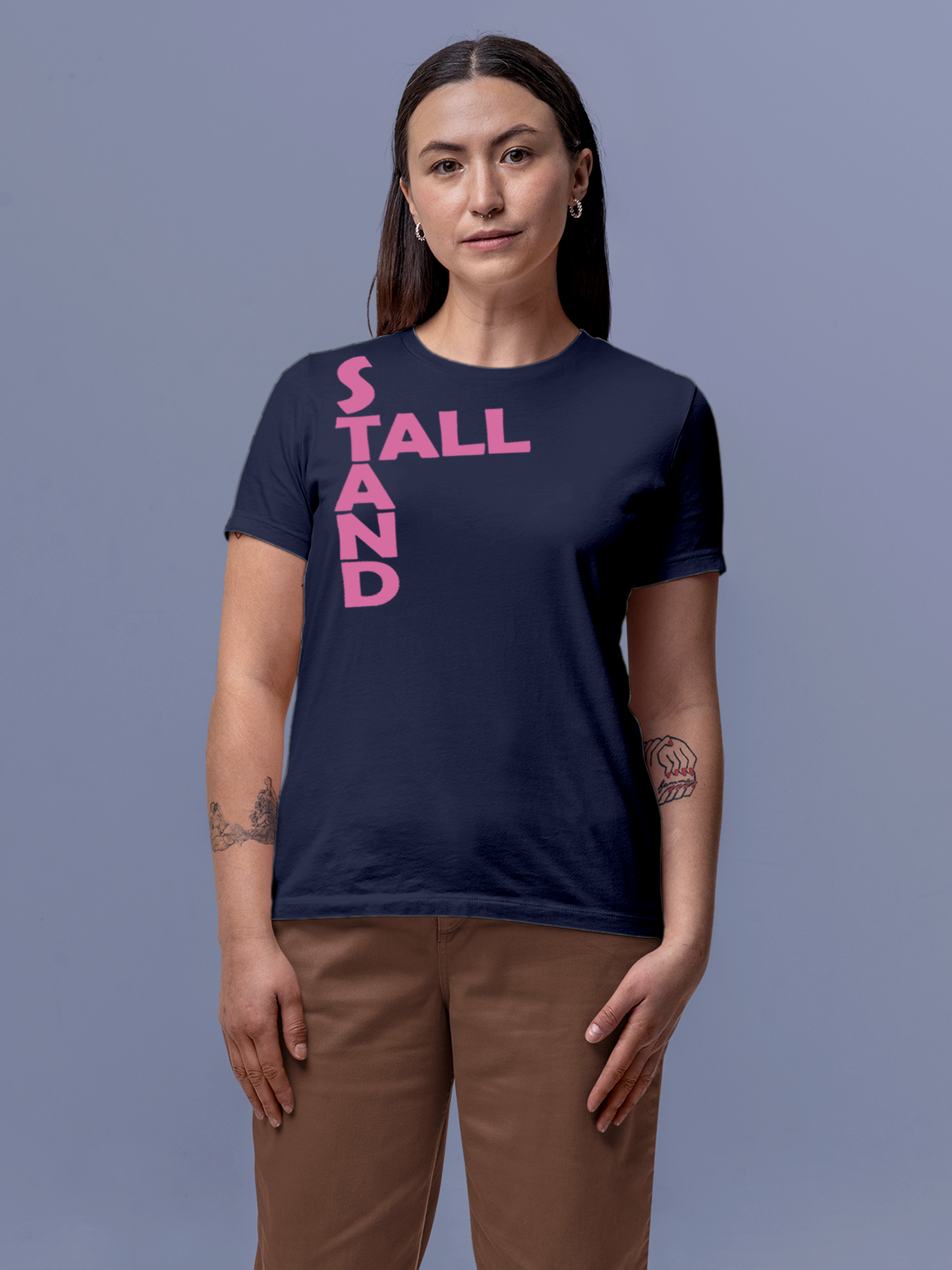 Model wearing Women's Navy Blue Round Neck T-shirt with 'Stand Tall' design, offering effortless style and premium comfort