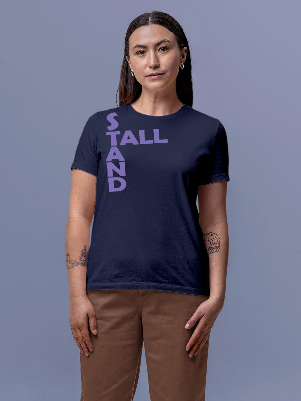 Model wearing Women's Navy Blue Round Neck T-shirt with 'Stand Tall' design, offering effortless style and premium comfort