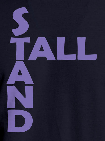 Close up of 'Stand Tall' design on Women's Navy Blue Round Neck T-shirt, highlighting intricate details and vibrant print.