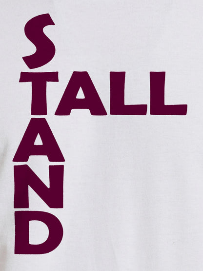 Close up of 'Stand Tall' design on Women's White Round Neck T-shirt, highlighting intricate details and vibrant print.