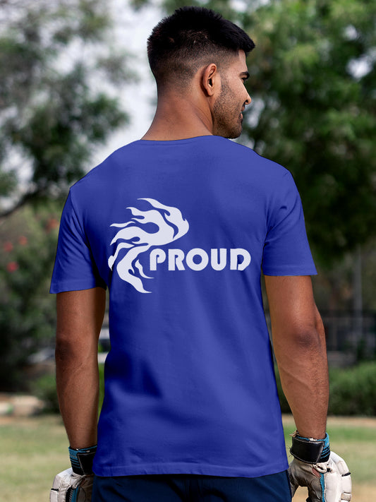Model wearing Men's Blue Round Neck T-shirt with 'Proud' design, offering effortless style and premium comfort