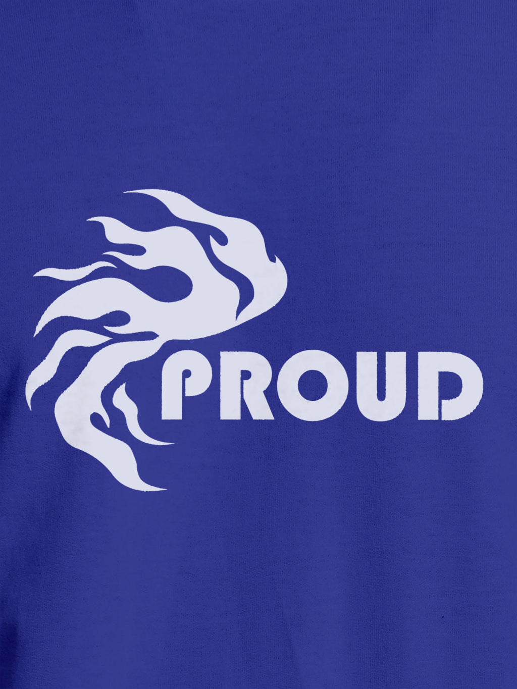 Close up of 'Proud' design on Men's Blue Round Neck T-shirt, highlighting intricate details and vibrant print.