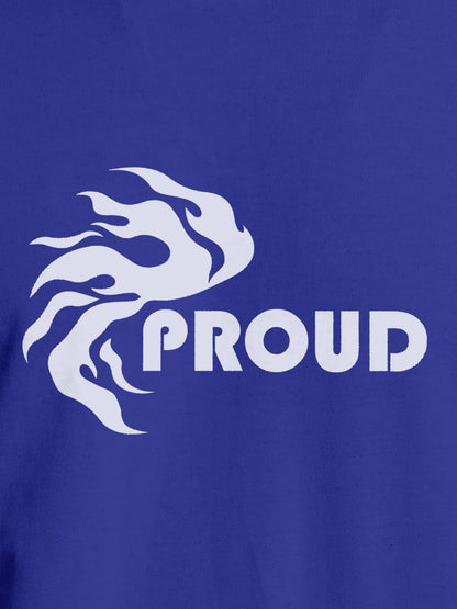 Close up of 'Proud' design on Men's Blue Round Neck T-shirt, highlighting intricate details and vibrant print.