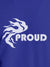Close up of 'Proud' design on Men's Blue Round Neck T-shirt, highlighting intricate details and vibrant print.