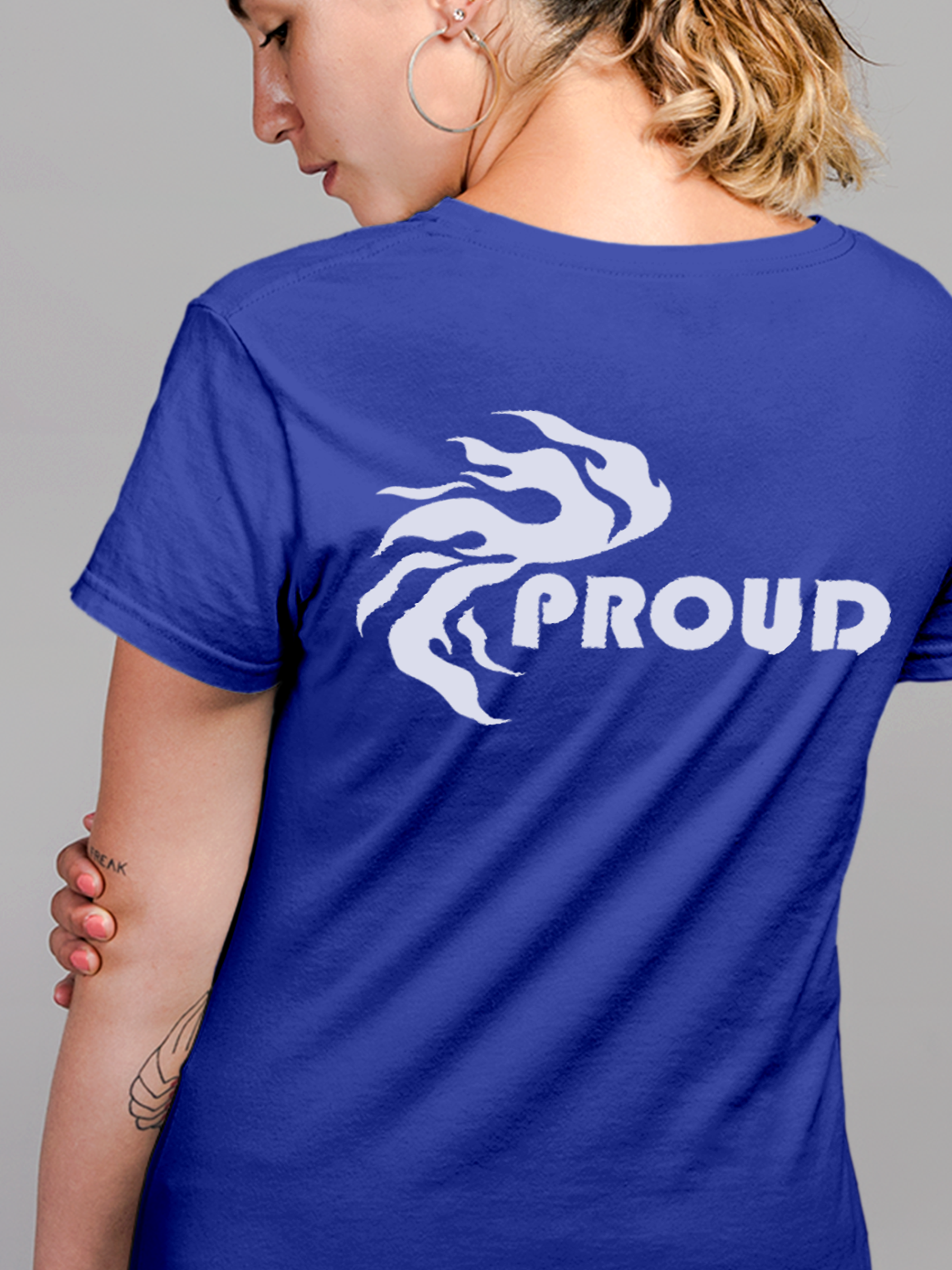 Close up of 'Proud' design on Women's Blue Round Neck T-shirt, highlighting intricate details and vibrant print.