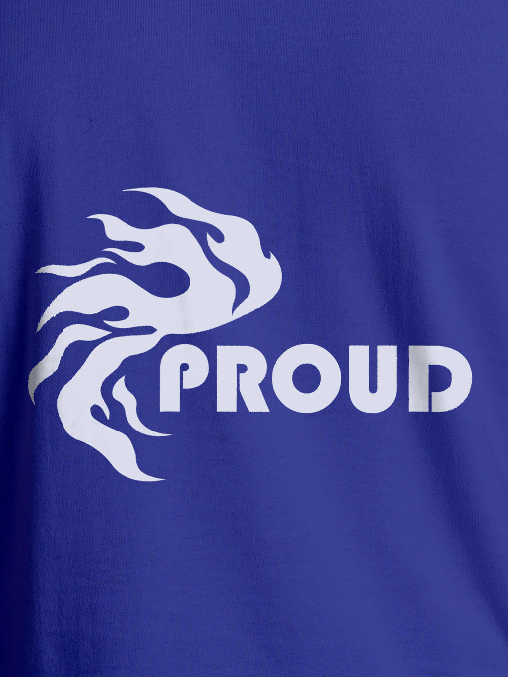 Close up of 'Proud' design on Women's Blue Round Neck T-shirt, highlighting intricate details and vibrant print.