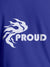 Close up of 'Proud' design on Women's Blue Round Neck T-shirt, highlighting intricate details and vibrant print.