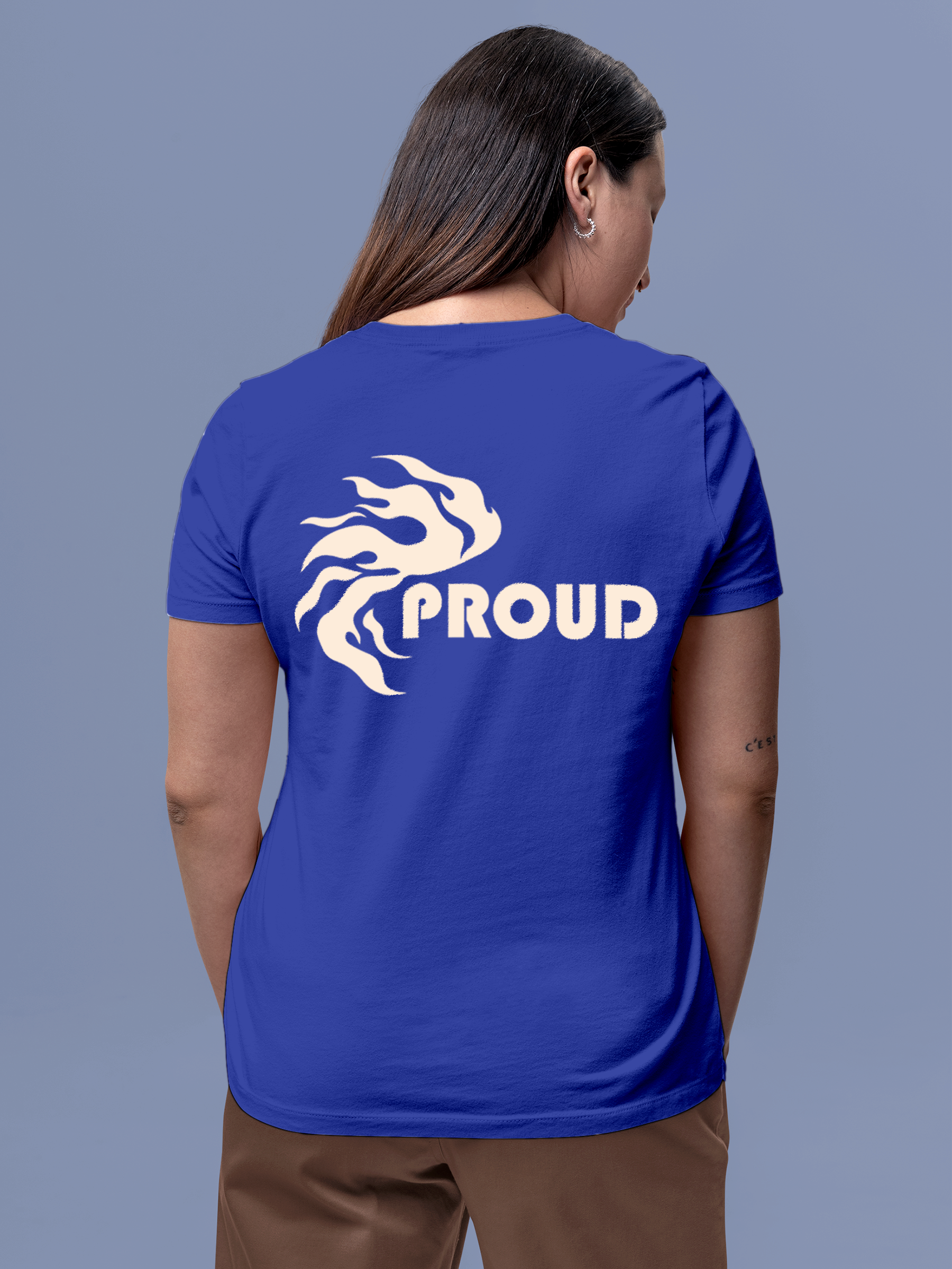 Model wearing Women's Blue Round Neck T-shirt with 'Proud' design, offering effortless style and premium comfort