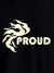 Close up of 'Proud' design on Men's Black Round Neck T-shirt, highlighting intricate details and vibrant print.