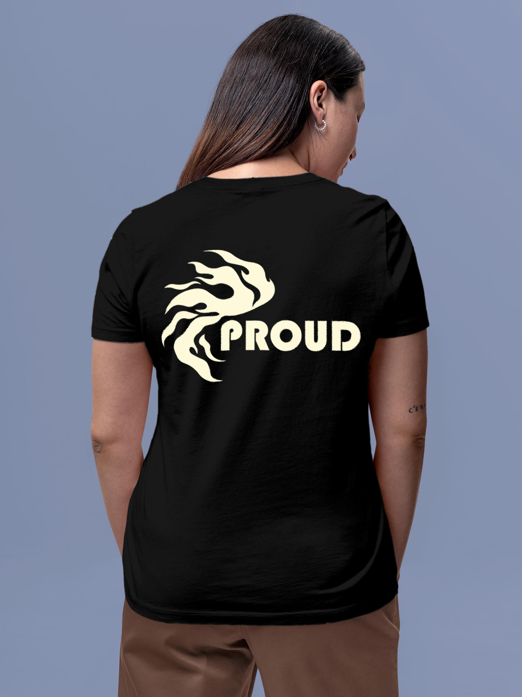 Model wearing Women's Black Round Neck T-shirt with 'Proud' design, offering effortless style and premium comfort
